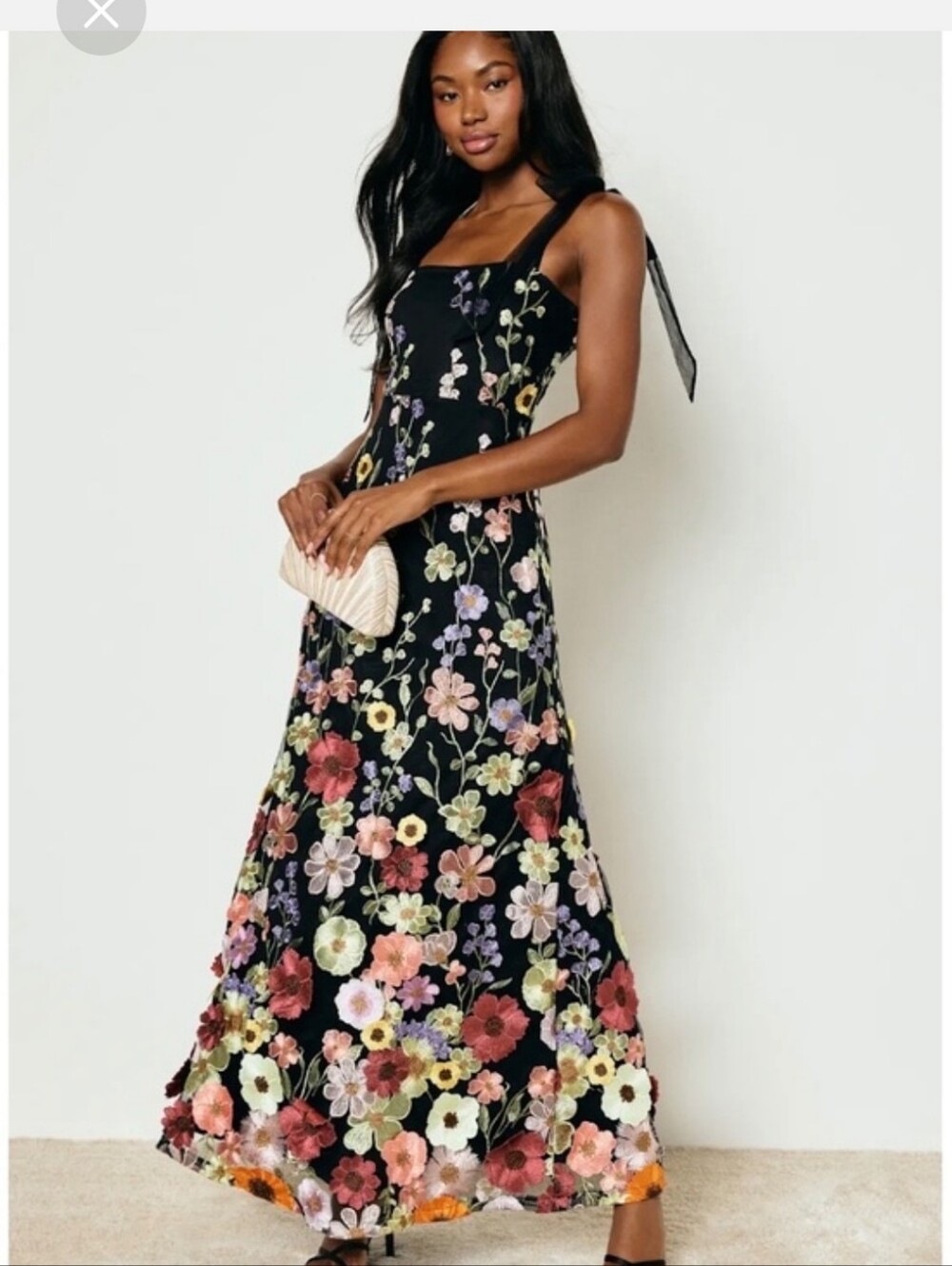 Lulu's Large Black Floral Embroidered Maxi Dress with Sheer Tie Straps - Picture 2 of 3